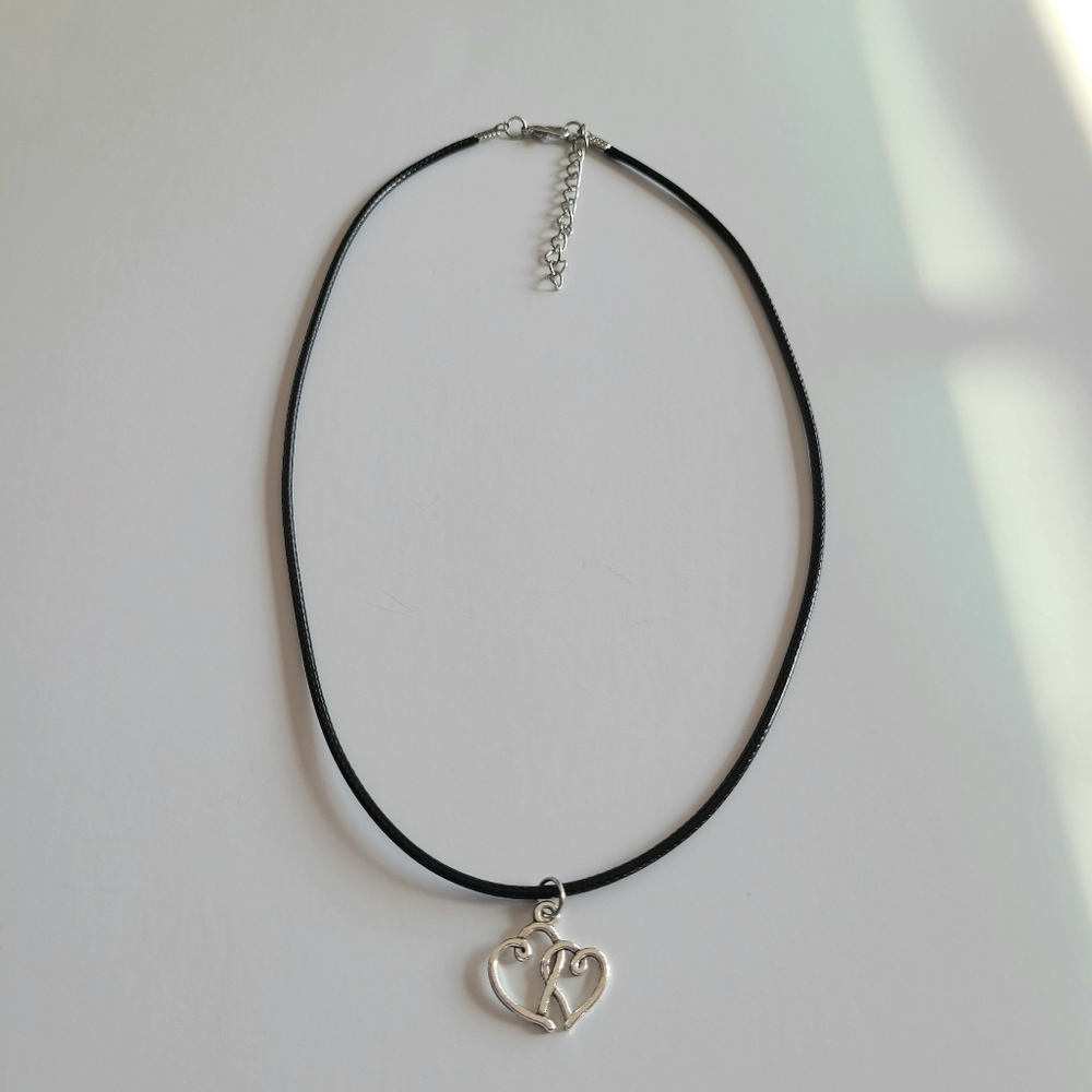 Silver Double Heart Black Faux Leather Cord Necklace - Picture 6 of 6